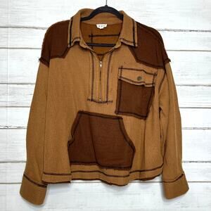 POL Waffle Knit Thermal Quarter Zip Pullover Women’s Small Brown